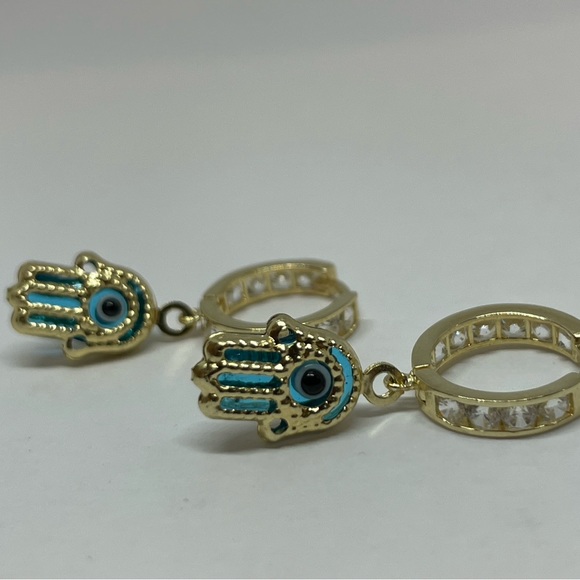 14k Yellow Gold Hamsa Dangle Huggie Earrings, - Picture 6 of 7